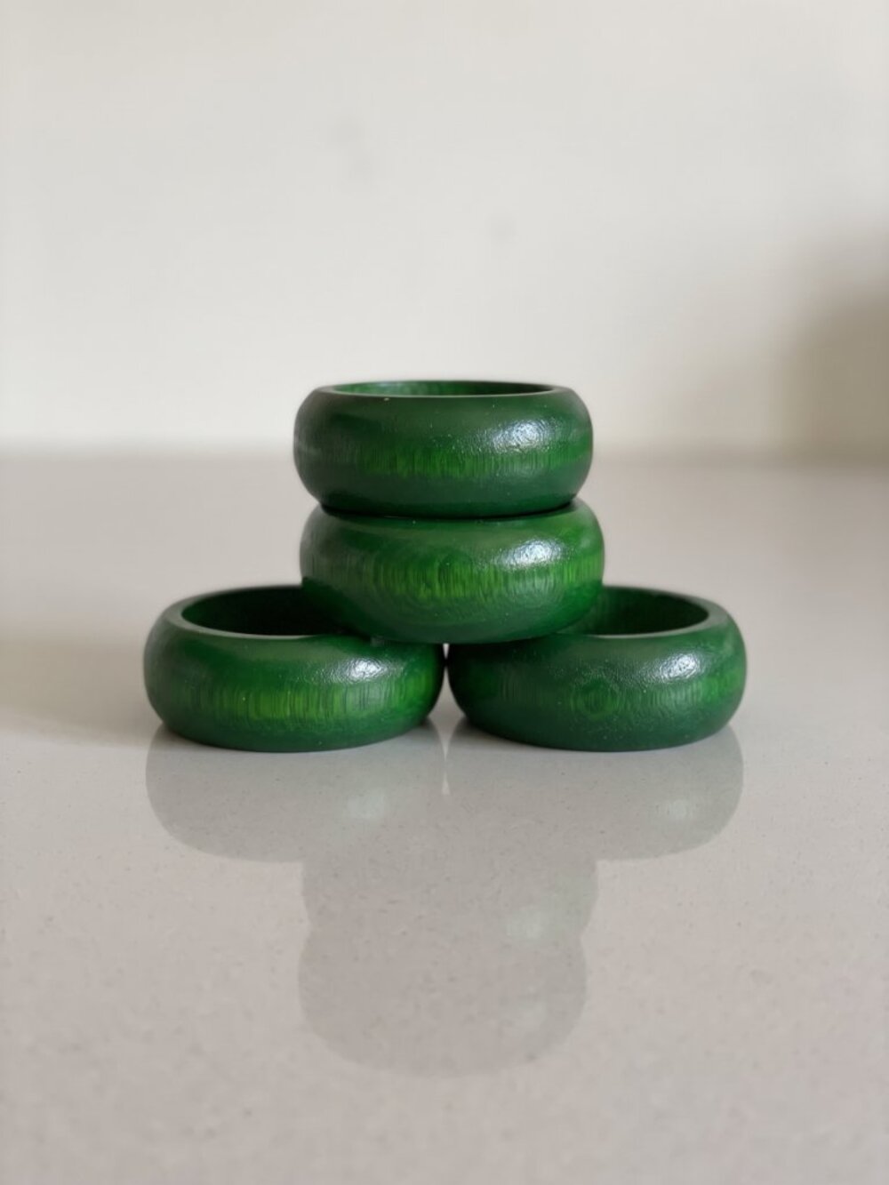 Vintage Forest Green Wood Napkin Rings Round Table Decor Set of 4